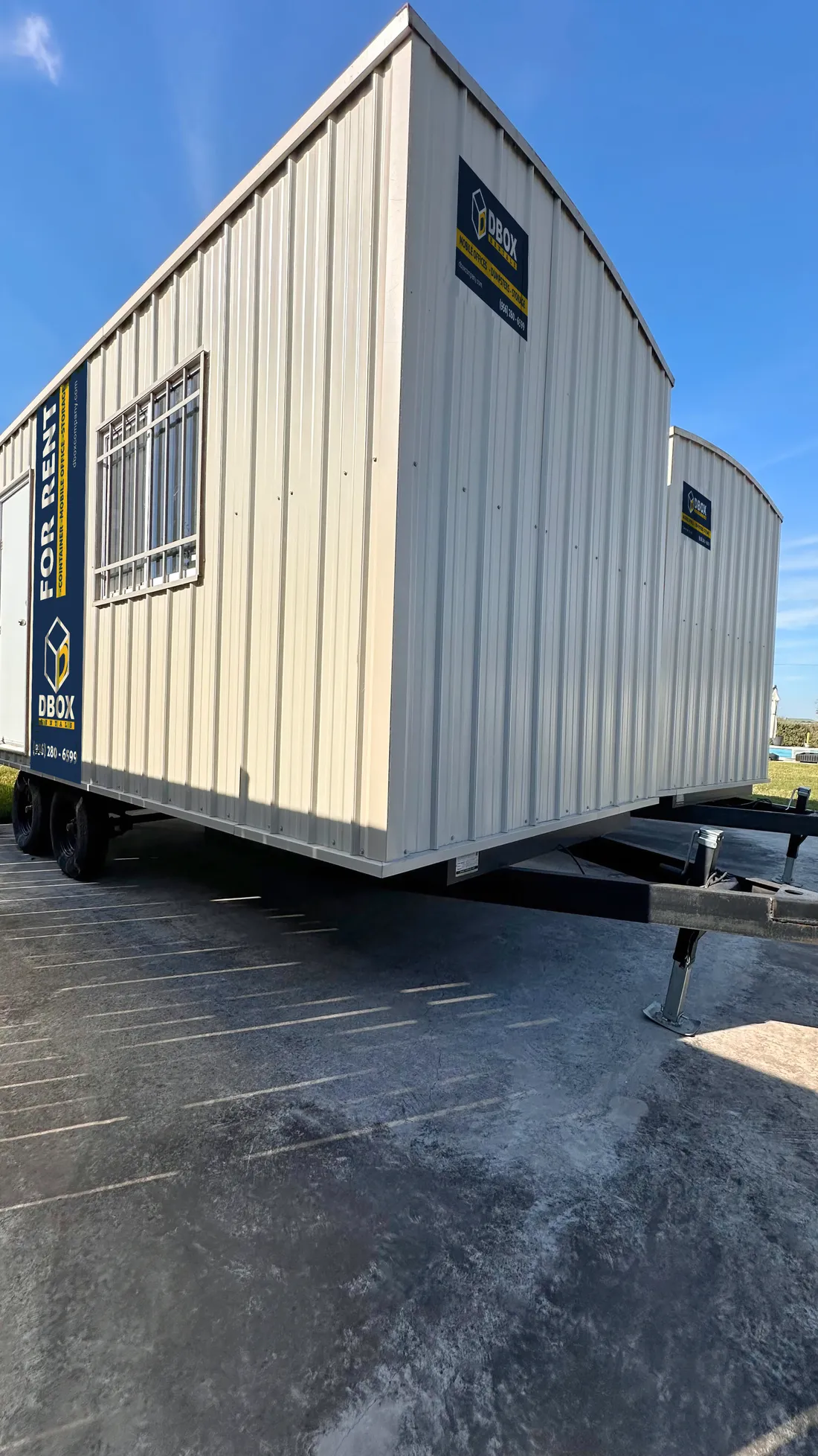 Two DBOX Rentals mobile office units staged and ready for delivery