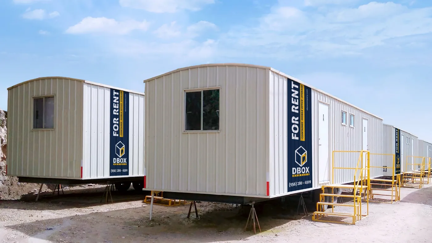 A row of DBOX mobile offices staged and ready for delivery